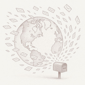 Sketch of a globe with envelopes flying in from around the world into a mailbox, representing reliable contact delivery