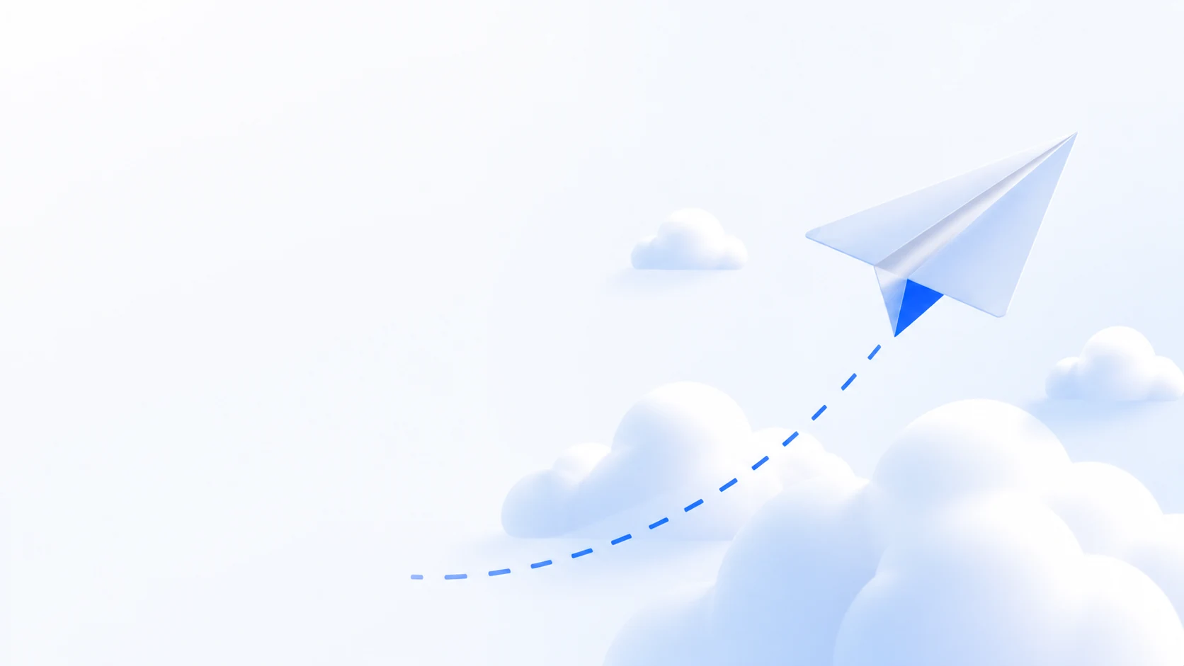 A paper airplane flying securely through soft blue clouds